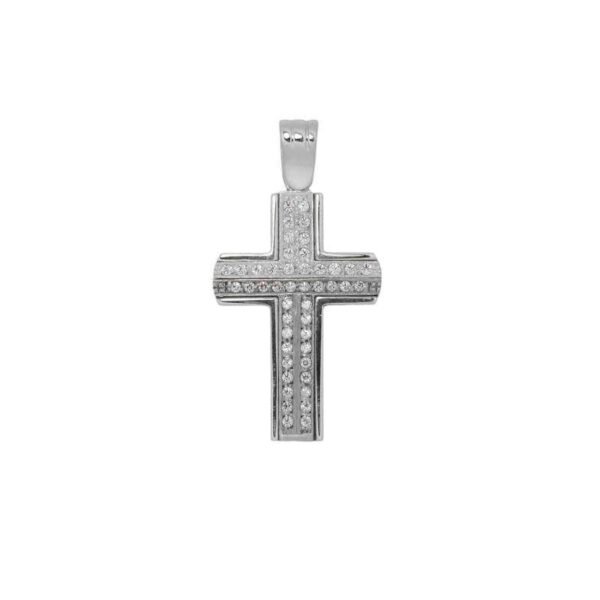 Βαπτιστικός Σταυρός γυναικείος σε λευκό χρυσό Κ14 με λευκά ζιργκόν
