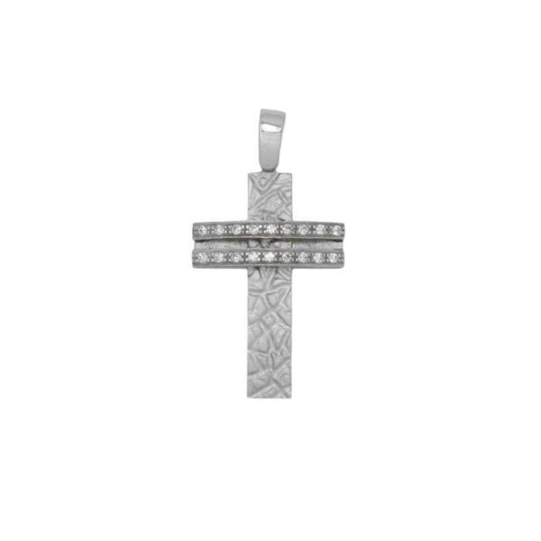 GK6520058 Βαπτιστικός Σταυρός γυναικείος σε λευκό χρυσό Κ14 με λευκά ζιργκόν