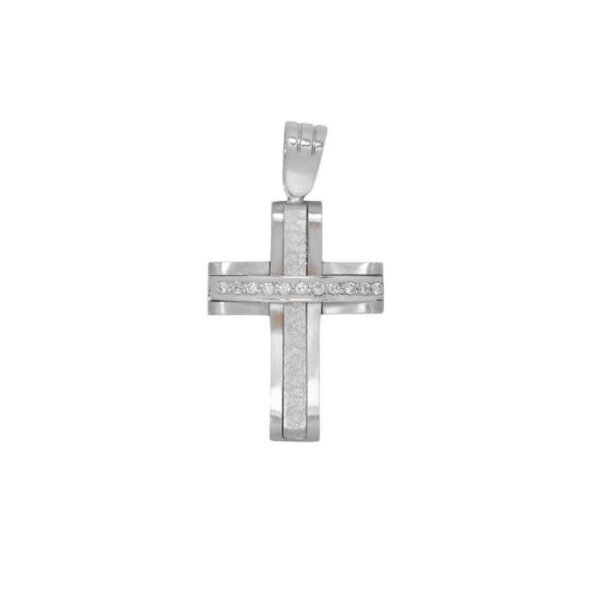 GK6520060 Βαπτιστικός Σταυρός γυναικείος σε λευκό χρυσό Κ14 με λευκά ζιργκόν