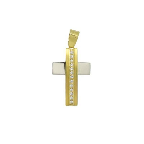 Βαπτιστικός Σταυρός δίχρωμος σε κίτρινο και λευκό χρυσό Κ14 με λευκά ζιργκόν