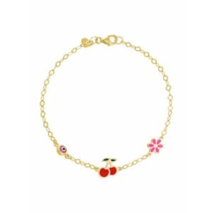 Παιδικό βραχιόλι ασημένιο επιχρυσωμένο με Λουλούδι, κεράσι και ματάκι 925