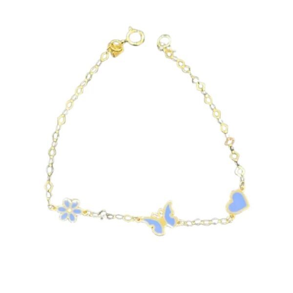 Παιδικό βραχιόλι ασημένιο επιχρυσωμένο με Λουλούδι, Πεταλούδα και καρδούλα 925