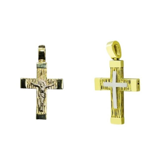 Σταυρός ανδρικός σε κίτρινο χρυσό με εσταυρομένο και σταυρό διπλής όψης Κ14