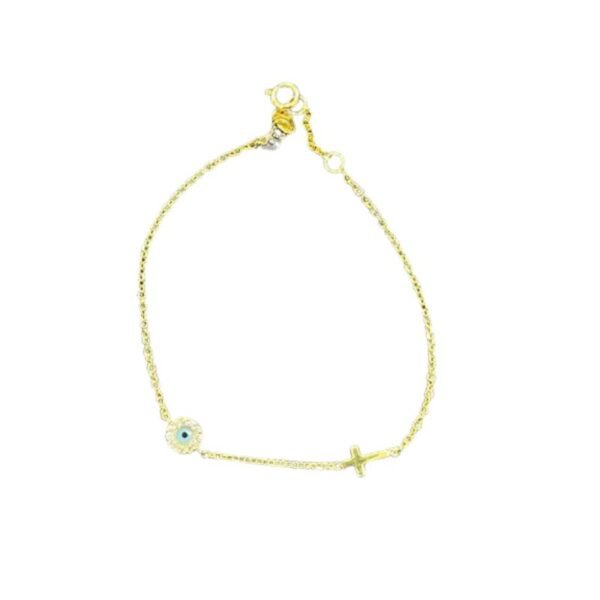 Χρυσό βραχιόλι μάτι με ζιργκόν και σταυρουδάκι διπλής όψεως Κ9