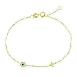 Χρυσό βραχιόλι μάτι με ζιργκόν και σταυρουδάκι διπλής όψεως Κ9