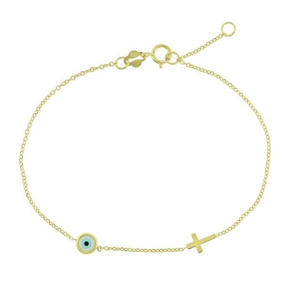 Χρυσό βραχιόλι μάτι με ζιργκόν και σταυρουδάκι διπλής όψεως Κ9