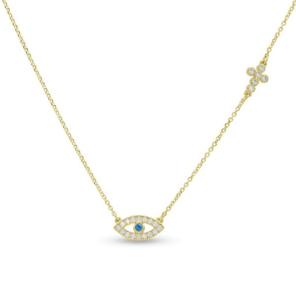 Κολιέ χρυσό μάτι με σταυρουδάκι και ζιργκόν Κ9