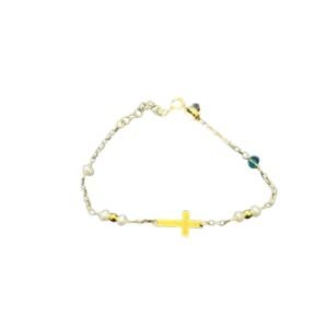 Ασημένιο βραχιόλι επιχρυσωμένο Σταυρός - Χάντρα- Μαργαριτάρι 925