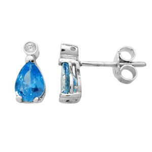 Λευκόχρυσα σκουλαρίκια πουάρ μεγάλο με aqua marine και λευκό μονόπετρο Κ9