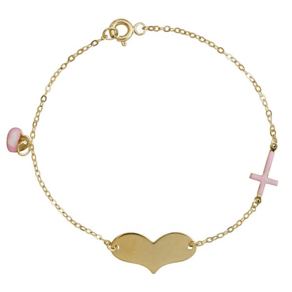 Χρυσή ταυτότητα καρδιά λουστρέ με σταυρό σε ροζ σμάλτο Κ14
