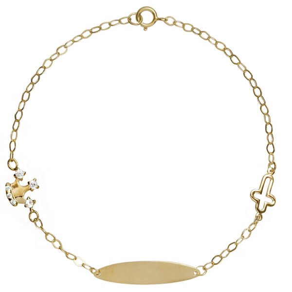 Χρυσή ταυτότητα κορώνα λουστρέ με λευκές πέτρες και σταυρό Κ14