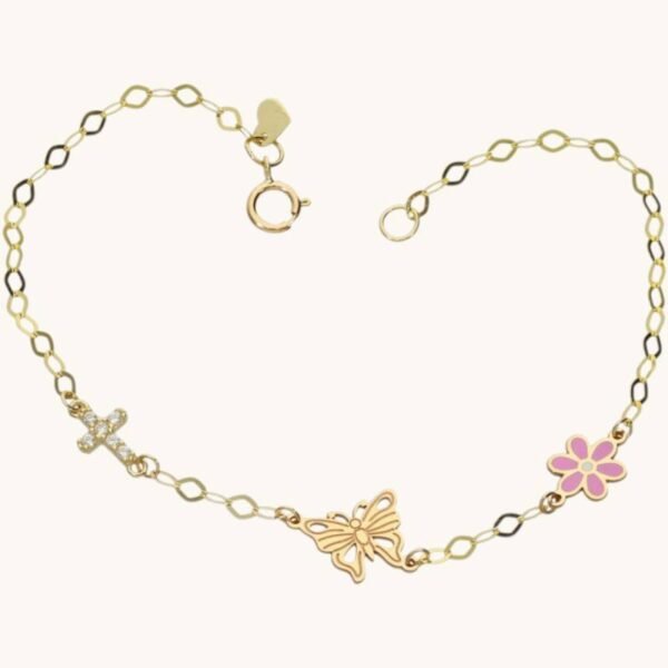 Ασημένιο βραχιόλι επιχρυσωμένο Πεταλούδα, λουλούδι και σταυρός με ζιργκόν  925