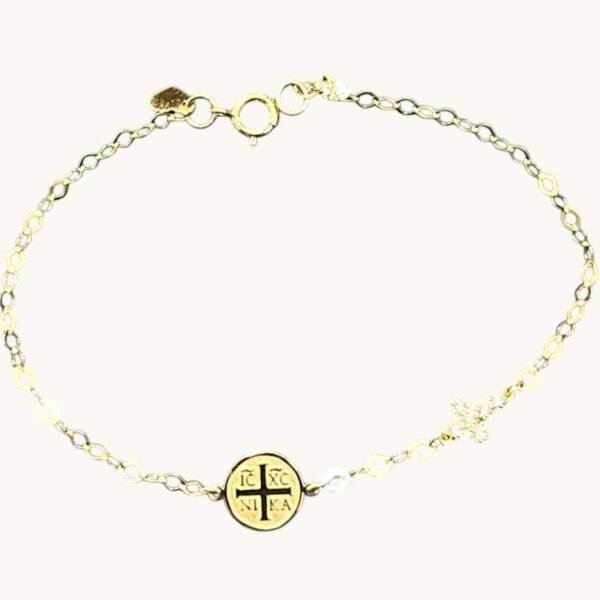 Παιδικό βραχιόλι ασημένιο επιχρυσωμένο με κων/το σταυρουδάκι με ζιργκόν 925