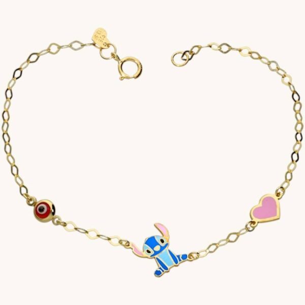 Βραχιόλι σε επιχρυσωμένο ασήμι αλυσιδωτό με ένα μάτι μια καρδούλα και μια φιγούρα 925