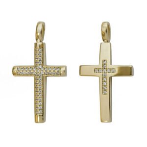 Χρυσός σταυρός χτιστικός λουστρέ διπλής όψης με λευκές πέτρες ζιργκόν Κ14