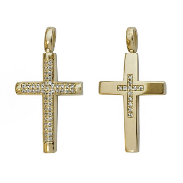 Χρυσός σταυρός χτιστικός λουστρέ διπλής όψης με λευκές πέτρες ζιργκόν Κ14