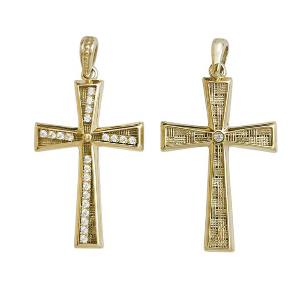 Σταυρός σε κίτρινο χρυσό διπλής όψεως με λευκά ζιργκόν Κ14