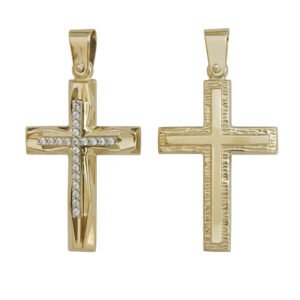 Σταυρός σε κίτρινο χρυσό διπλής όψεως με λευκά ζιργκόν Κ14