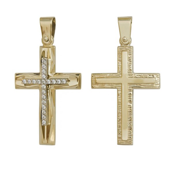 Σταυρός σε κίτρινο χρυσό διπλής όψεως με λευκά ζιργκόν Κ14