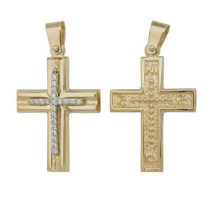 Σταυρός σε κίτρινο χρυσό διπλής όψεως με λευκά ζιργκόν Κ14
