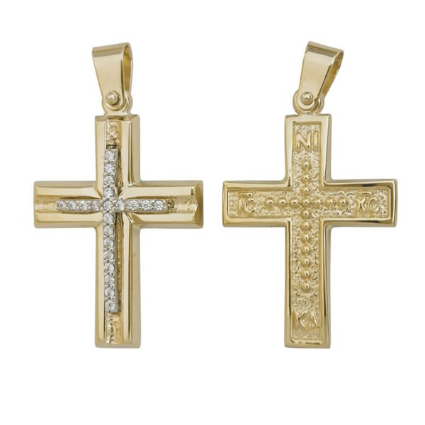 Σταυρός σε κίτρινο χρυσό διπλής όψεως με λευκά ζιργκόν Κ14