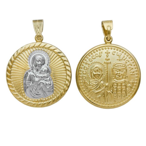 Χρυσό μενταγιόν Παναγία διπλής όψης με κωνσταντινάτο στρόγγυλο μεγάλο Κ14