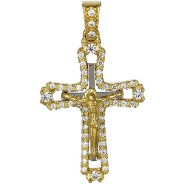 Σταυρός σε κίτρινο χρυσό διπλής όψεως με λευκά ζιργκόν Κ14