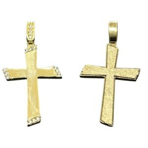 Σταυρός σε κίτρινο χρυσό διπλής όψεως με λευκά ζιργκόν Κ14